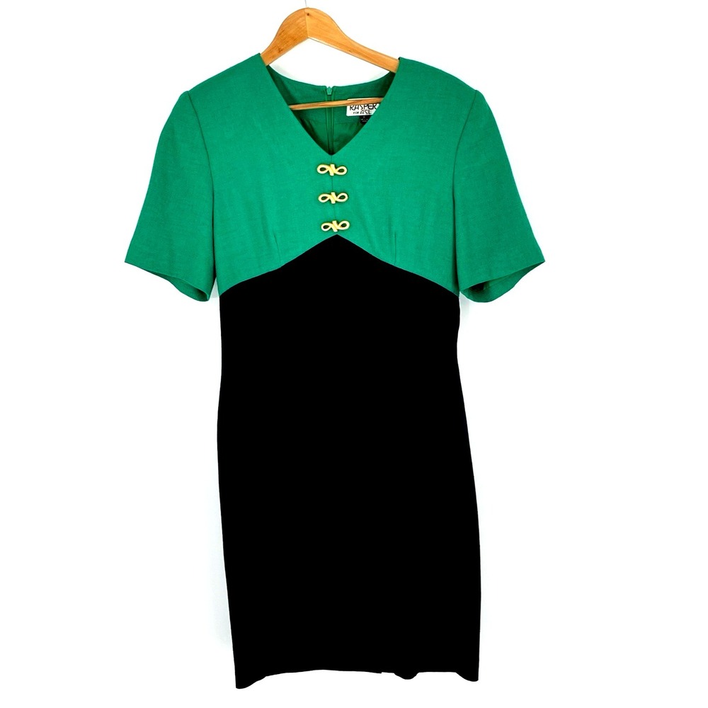 Kasper for ASL Vintage Dress Gold Detail Size 8‎ Colorblock Green Navy Color